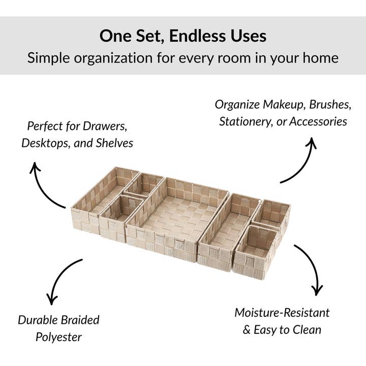 Evideco French Home Goods - Wholesale Drawer Organizer - 7-Piece Braided Polyester Drawer Divider Set - Beige6