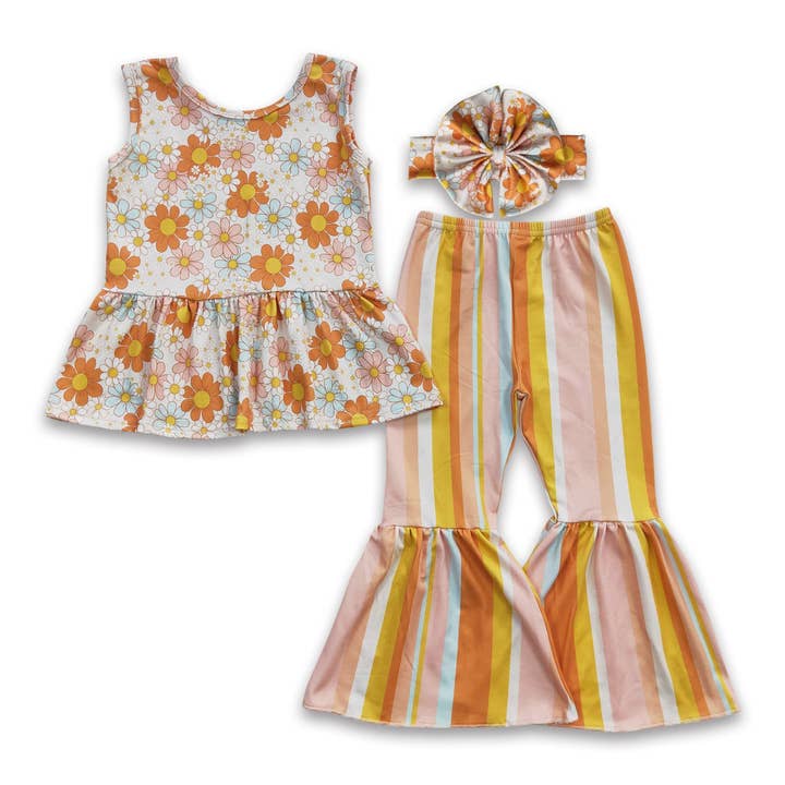 Floral sleeveless peplum stripe bell bottom pants baby girls for wholesale by Yawoo Garments