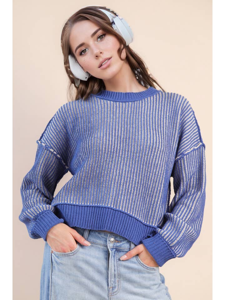 VERY J - Wholesale Pullover-trui - Dames - 12W3092N-Tweekleurige gestreepte trui met casual strepen8