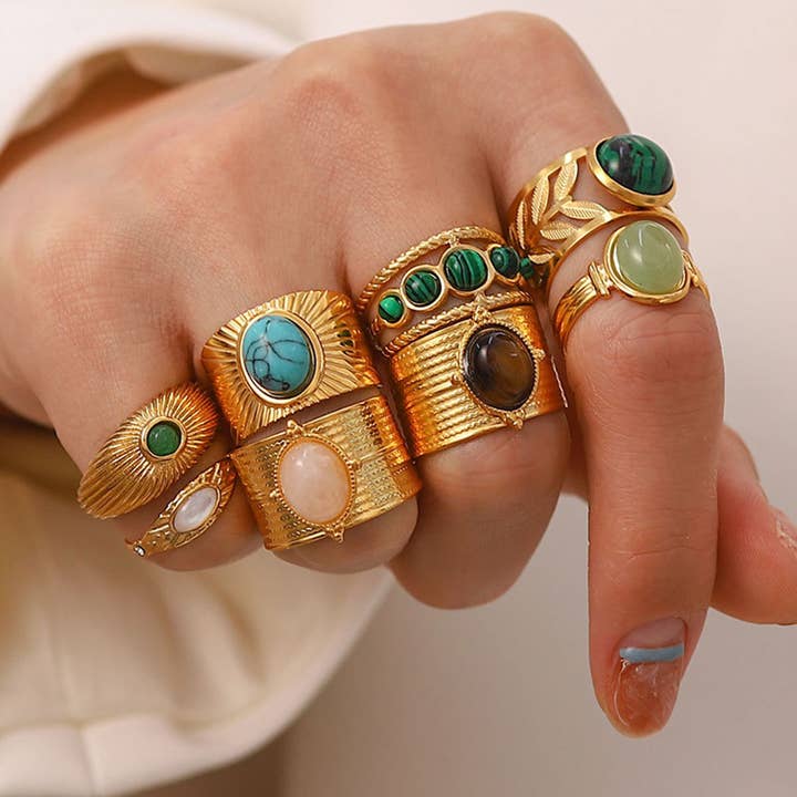 ACCITY - Wholesale Cocktail/Statement Ring - GOLD STAINLESS STEEL INLAID NATURAL STONE RINGS_CWAJE0611