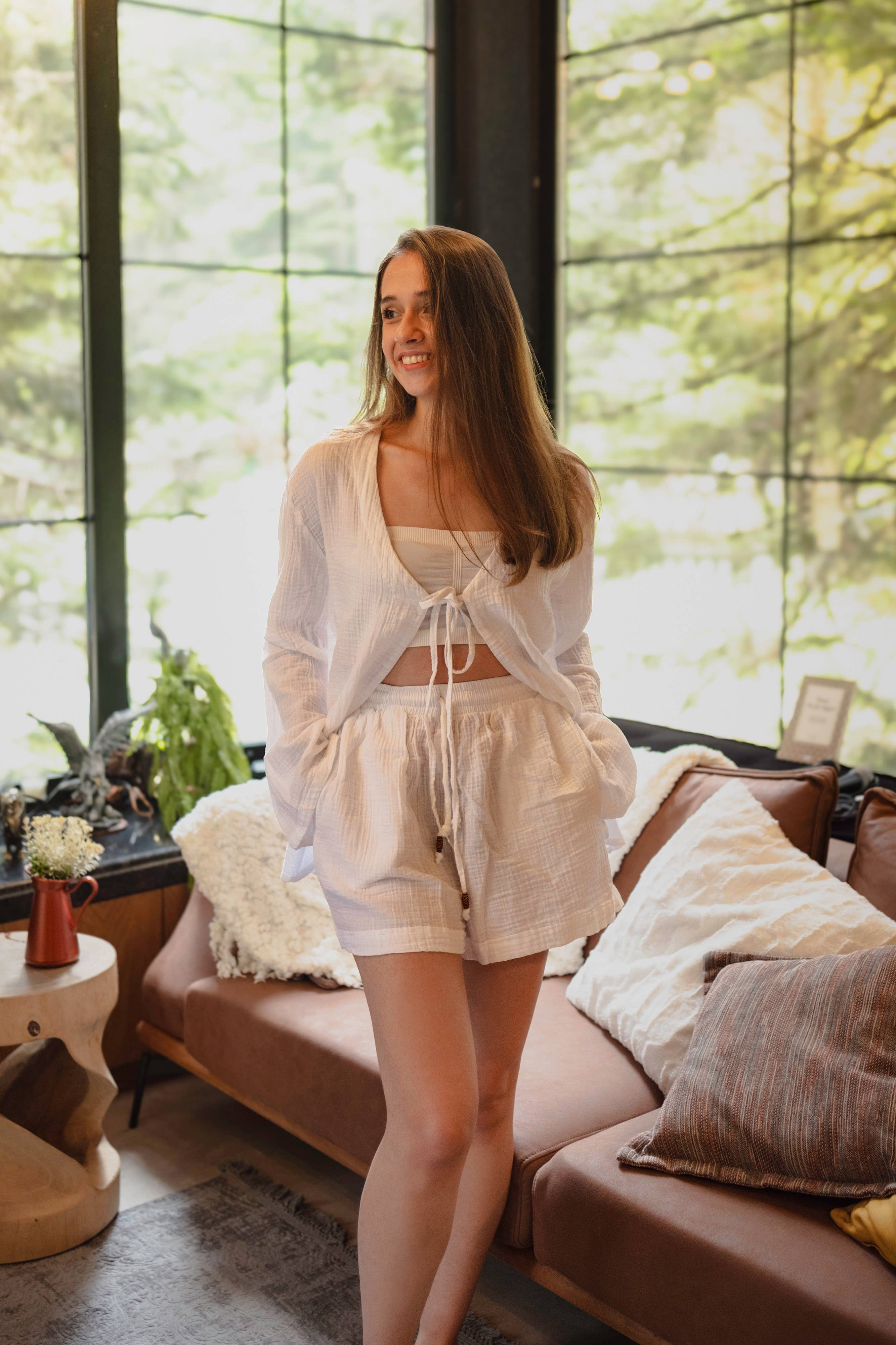 Moa - Venta al por mayor Conjunto de ropa cómoda - Mujer - Conjunto de ropa de salón de algodón arrugado con top y pantalones cortos verdes9