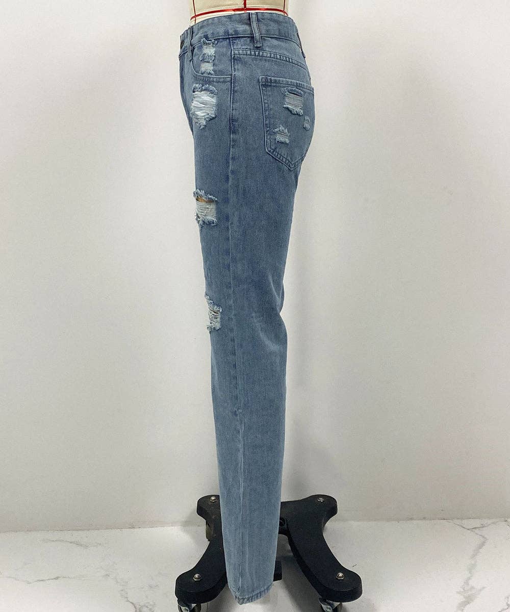 Light Blue High-Waist Distressed Split Hem Jeans for wholesale on Faire3