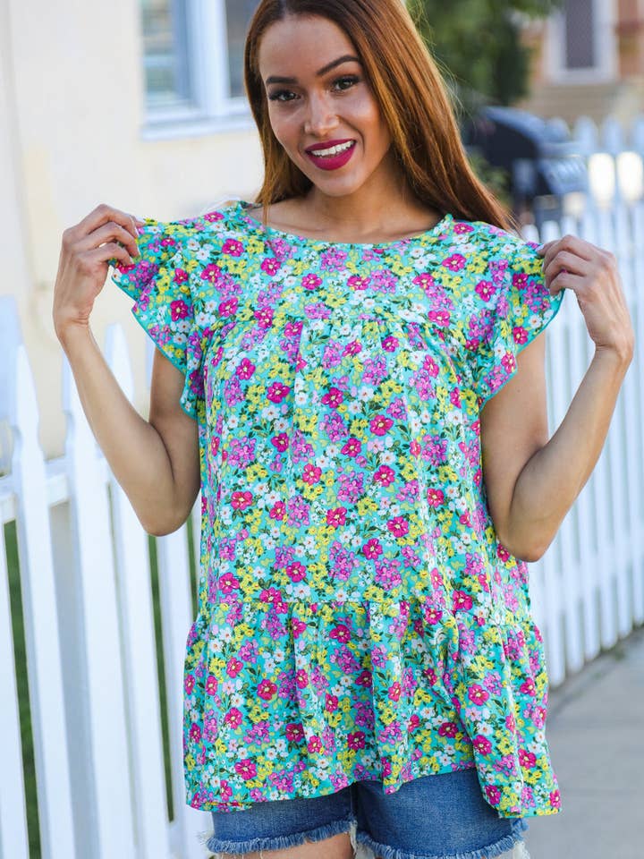 Promenade - Wholesale Blouse - Women's - All For You Mint Floral Yoke Flutter Sleeve Keyhole Back Top (Open Pack)5