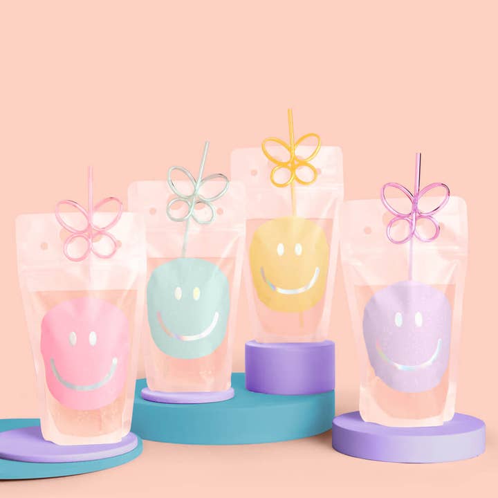Petit Fetti - Wholesale Drinking Glass/Cup - Kids & Baby - Smiley Drink Pouches, Bday Decor, Preppy Party; 16 count