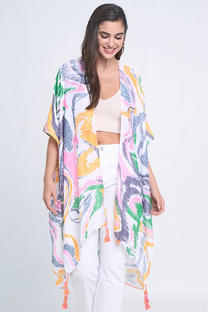 Hana - Wholesale Kimono - Women's - Abstract Print Tassel Summer Kimono3