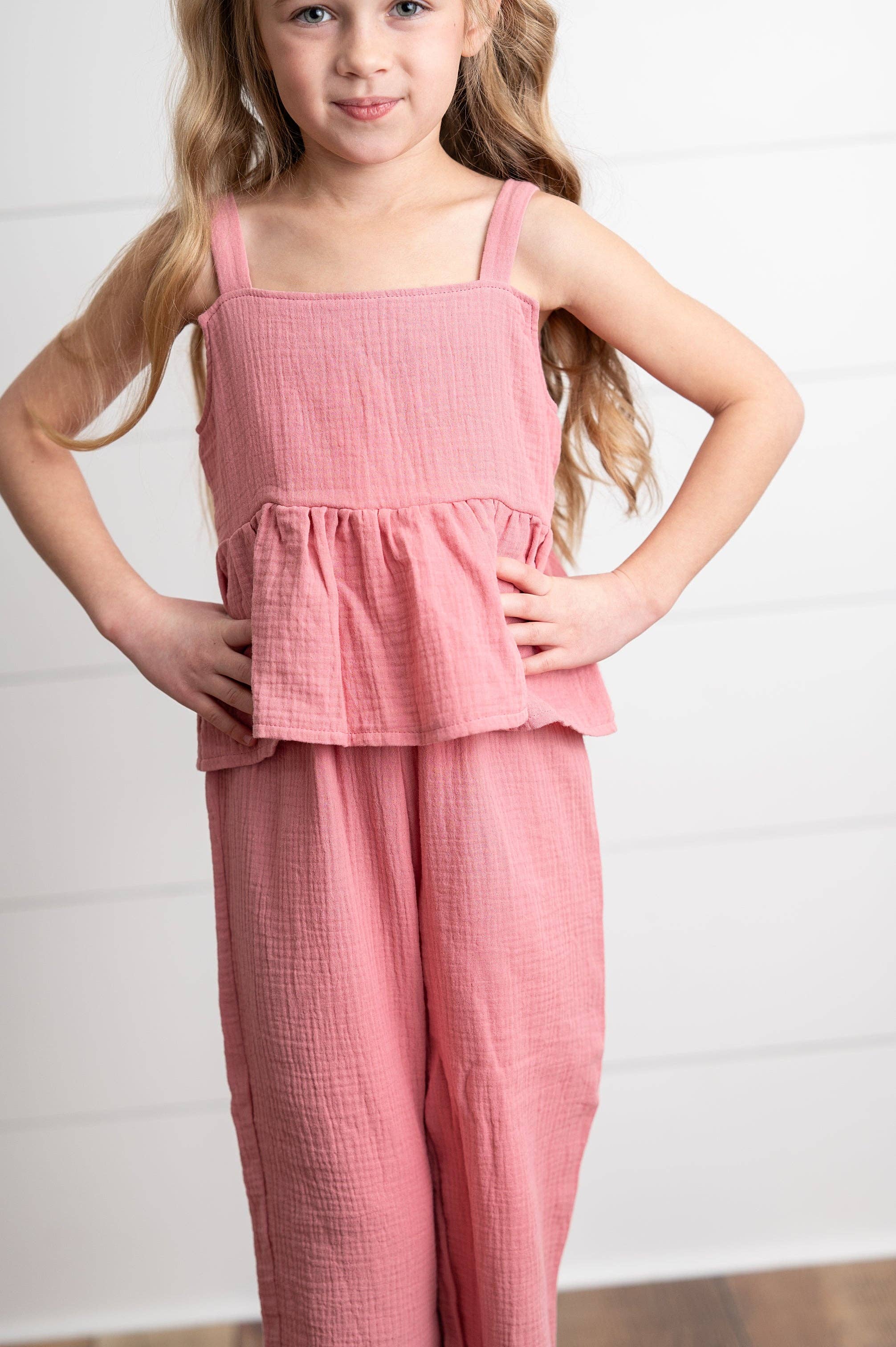 Wren & James - Wholesale Top & Pant Set - Kids - Girls Dusty Pink Gauze Weave Ruffle Spring Summer Set2