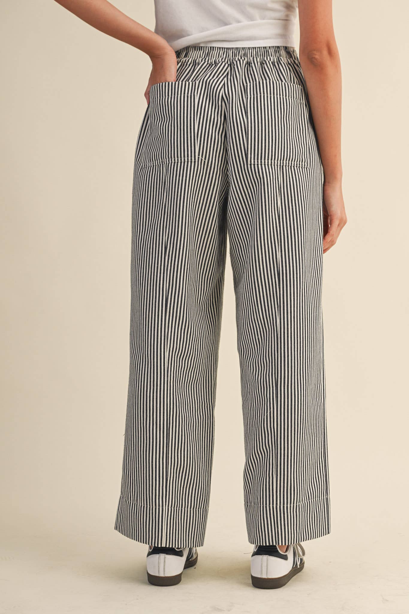 Black Offwht Stripe STRIPED WIDE LEG PANTS MP4461 for wholesale on Faire4