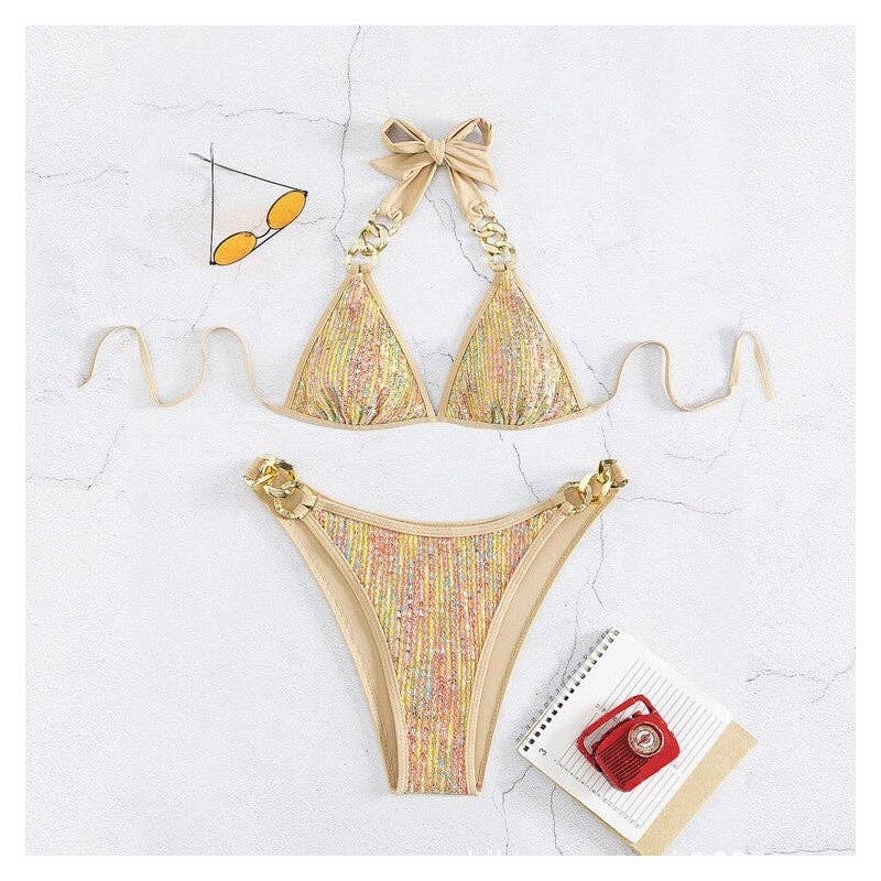 MULTICOLOR Colorful Sequined Lace-Up Bikini Swimsuit for wholesale on Faire4