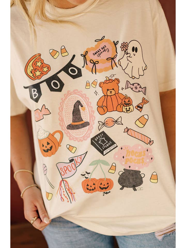 Whitney | Chaudoin Creations - Wholesale Screen Printed T-Shirt - Women's - Boo Halloween Collage Graphic Tee3