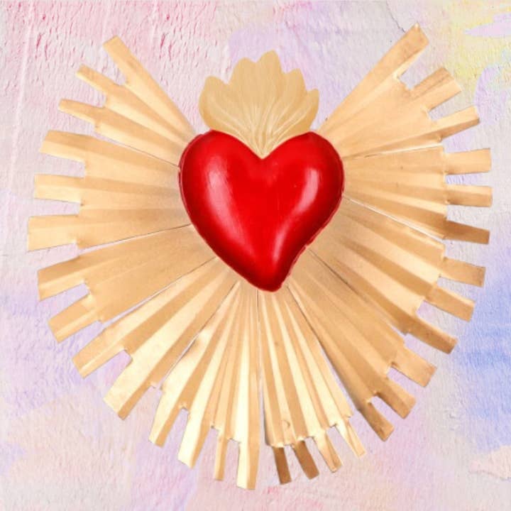 Mexikanisches handgefertigtes Herz ex vota aus Metallstrahlen, Gold für den Großhandel von PINK PAMPAS