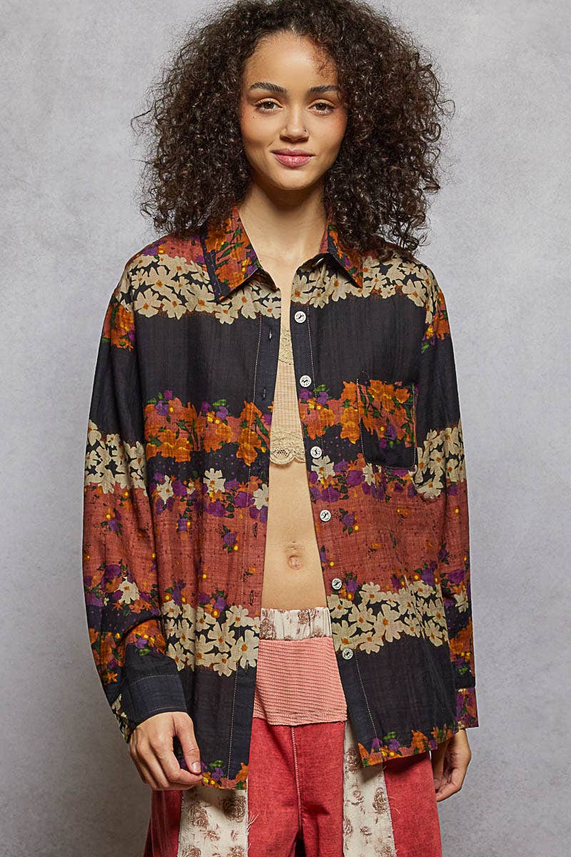 Pol Clothing - Vente Chemise à col boutonné – femme - Haut chemise tissé à manches longues imprimé floral20