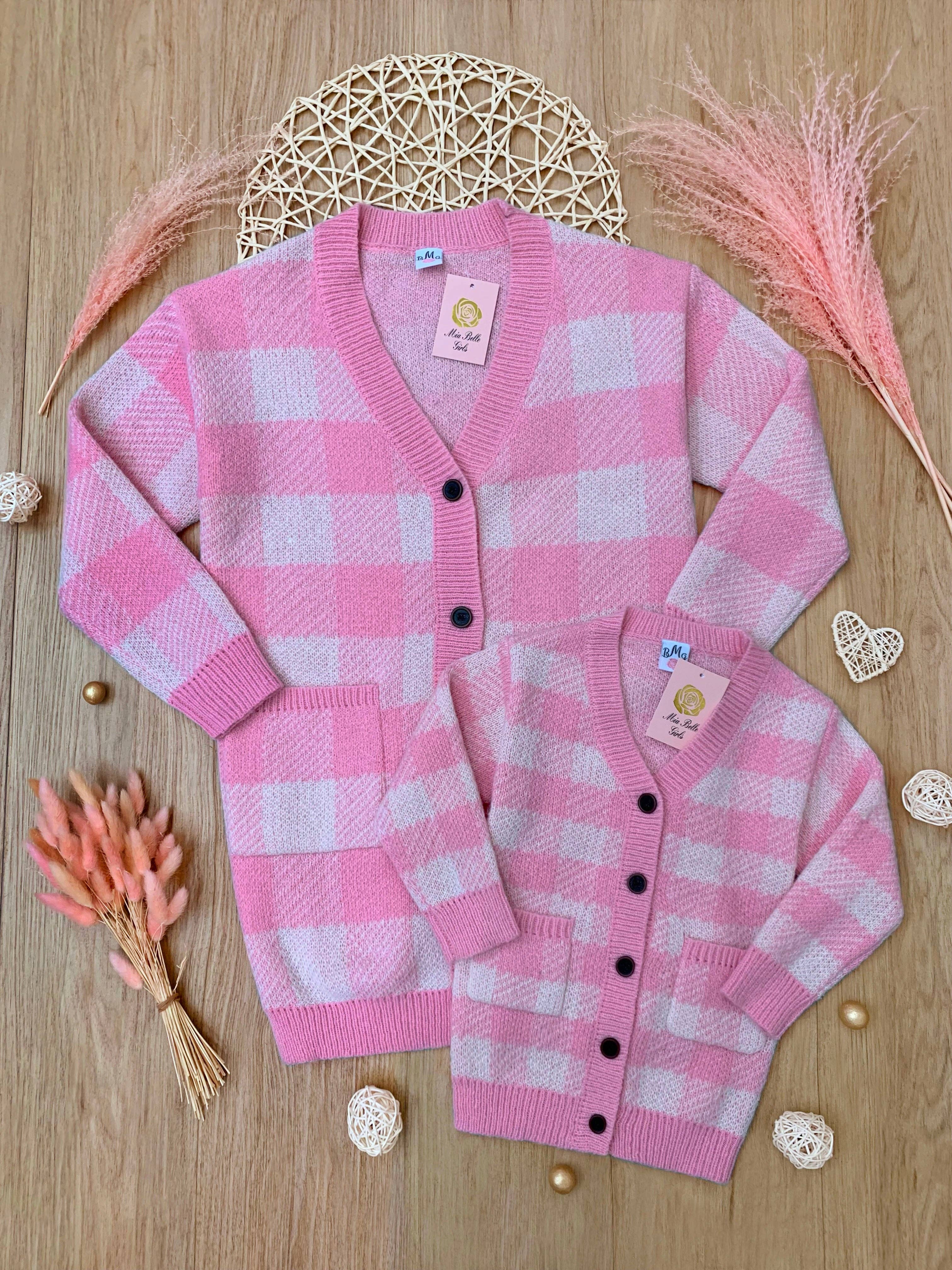 Mommy and Me Pink and White Checkered Oversized Cardigan for wholesale on Faire4