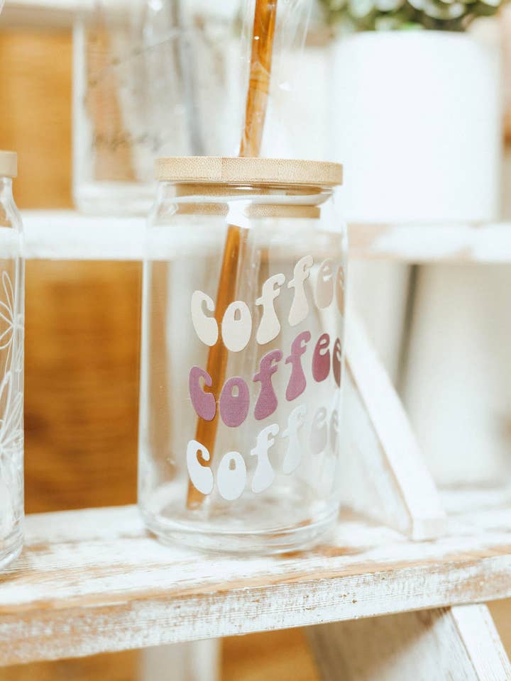 Coffee Coffee Coffee Glass Can 16 oz for wholesale by Ivory Bloom Boutique