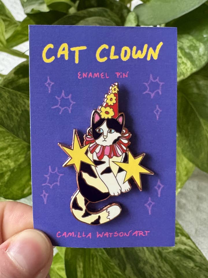 Cat Clown Enamel Pin for wholesale by Camilla Watson Art