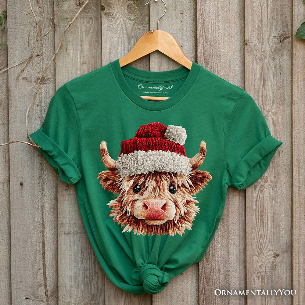 OrnamentallyYou - Wholesale T-Shirt (Graphic) - Women's - Highland Cow Santa Hat Christmas T-Shirt ,Cozy Tee3