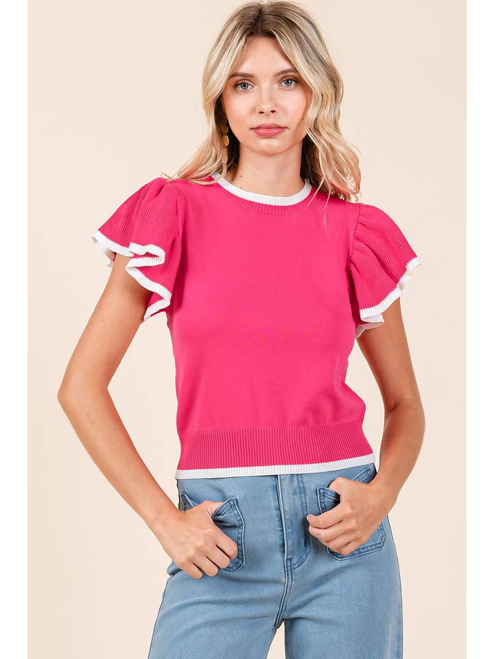 mittoshop - Wholesale Knit Top - Women's - SWEATER KNIT RUFFLE SLEEVE CONTRAST CROP TOP3