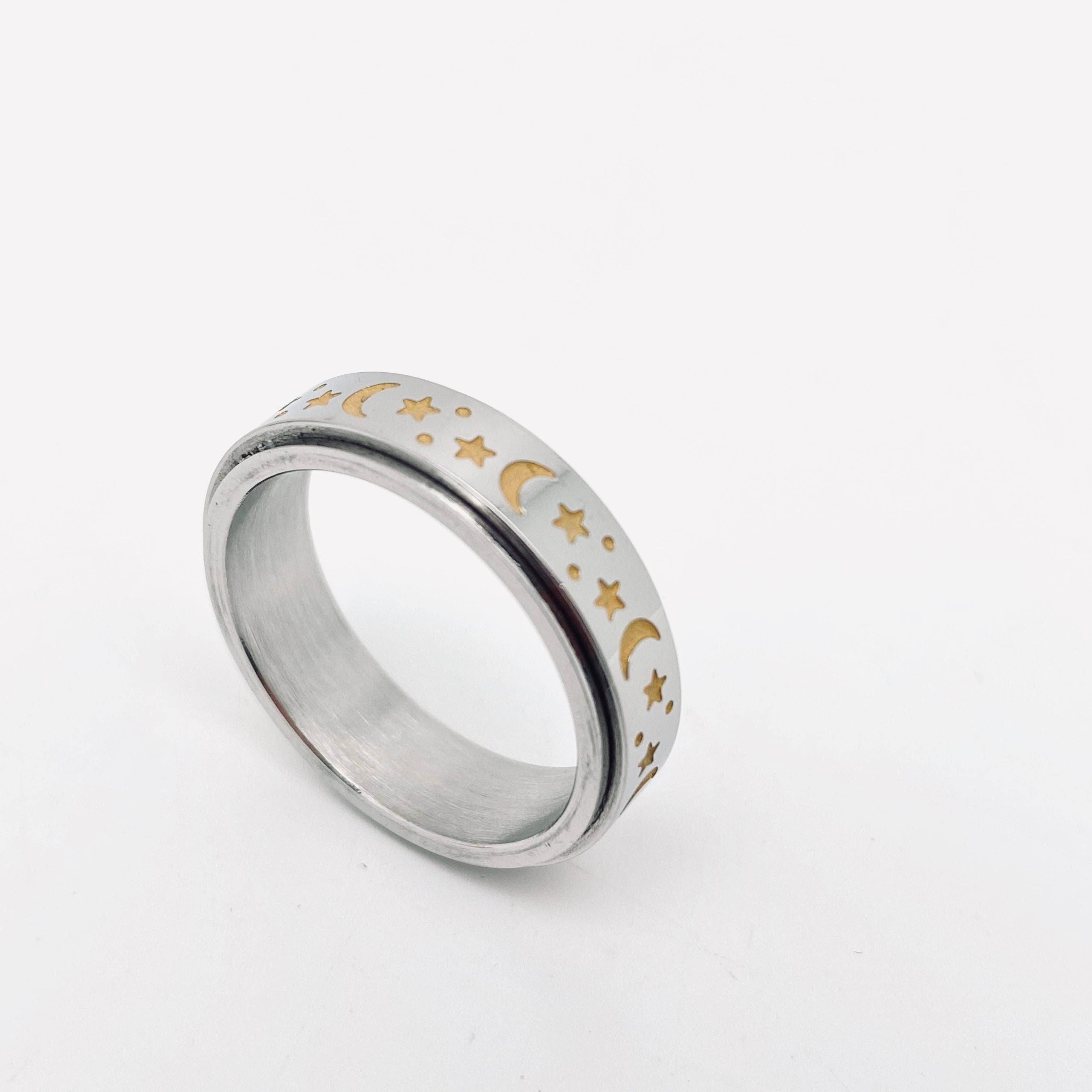Mio Queena – wholesale Cocktail/statement ring – Luminous Stainless Steel Star Moon Rotatable Ring - MS7