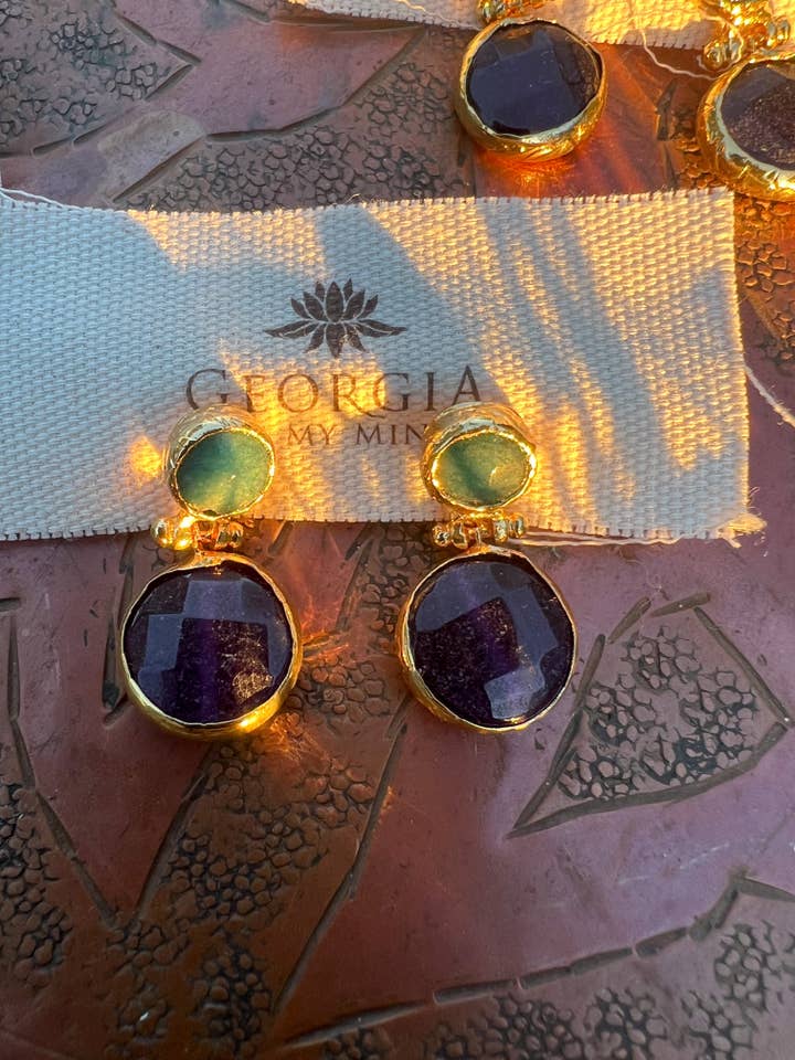 Double Stone Earring- Amethyst/ Aventurine for wholesale by Georgia On My Mind