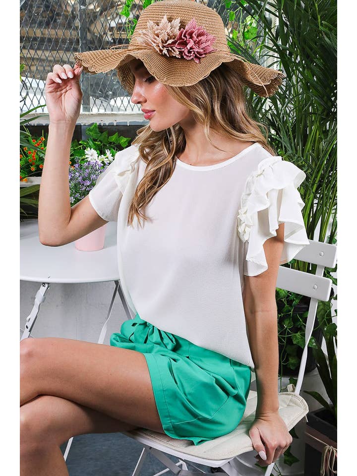 Vine & Love - Wholesale Blouse - Women's - Ruffle Detail Sleeve Round Neck Woven Blouse Top VT81609