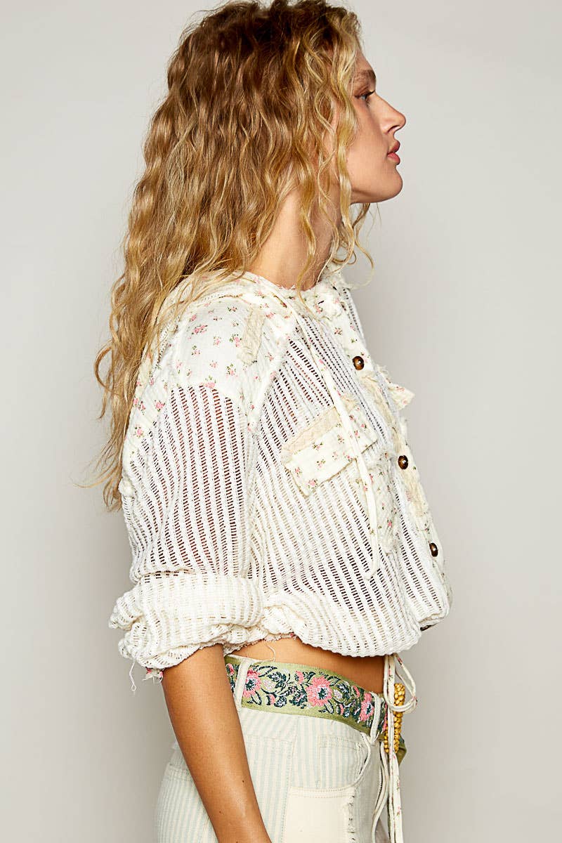Pol Clothing - Wholesale Jacket - Women's - Vintage washed floral print patch crochet jacket SALE25