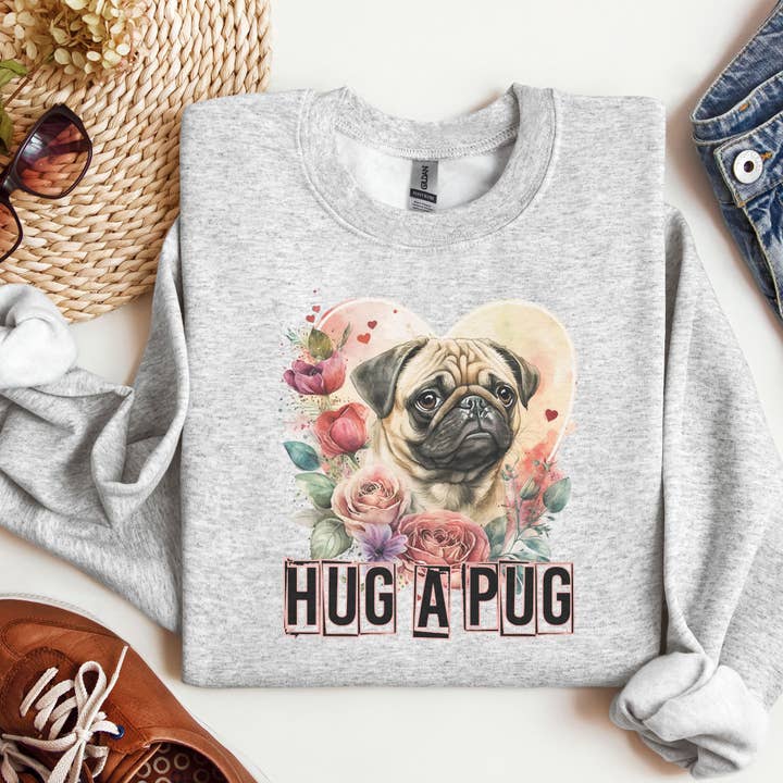 Hug a Pug Sweatshirt - Cute Pug Design - Cozy Grey and Beige for wholesale by The Painted Pug