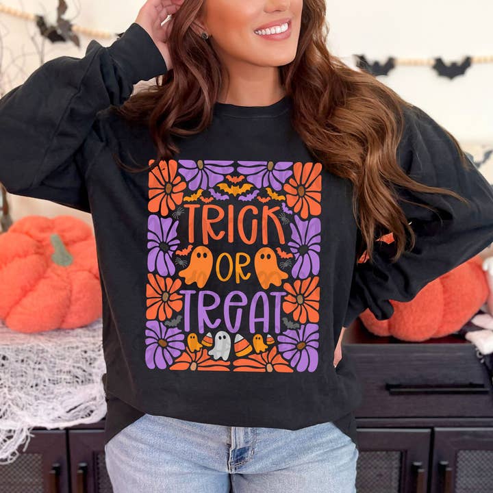 Trick Or Treat Floral DTF Heat Transfer for wholesale by Trendy Transfers
