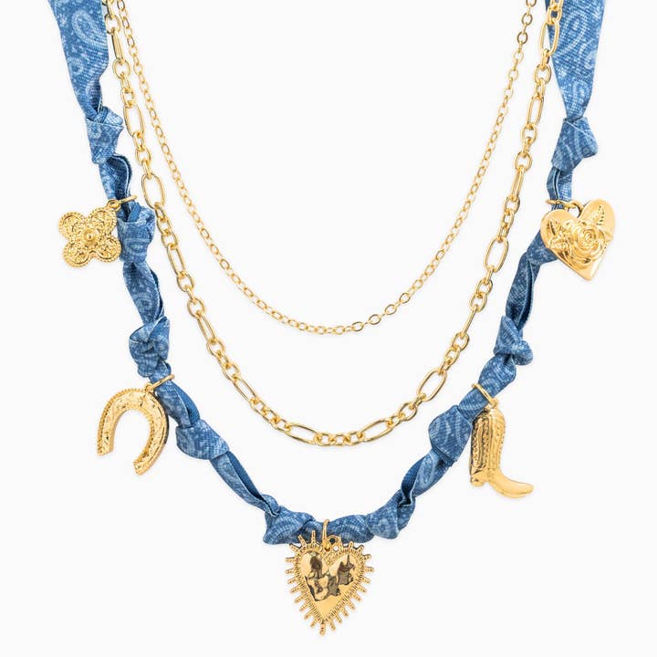Sessori - Wholesale Pendant/Charm Necklace - 3 Layered Western Denim Bandana Scarf Necklace0