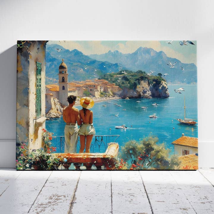 Vista romántica del balcón junto al mar europeo - Impresión en lienzo enmarcada para pared para venta al por mayor de House Prints