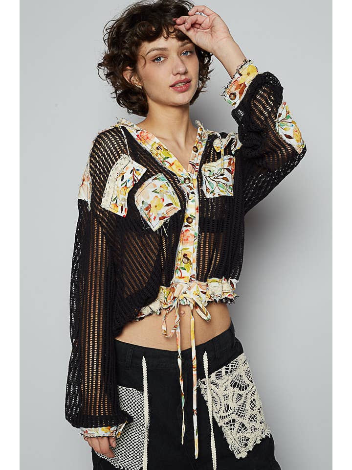 Pol Clothing - Wholesale Jacket - Women's - Vintage washed floral print patch crochet jacket