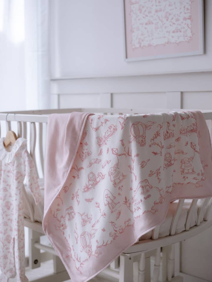 Double-Sided Baby Blanket - Toile De Jouy/Pink for wholesale by Atelier Babbi