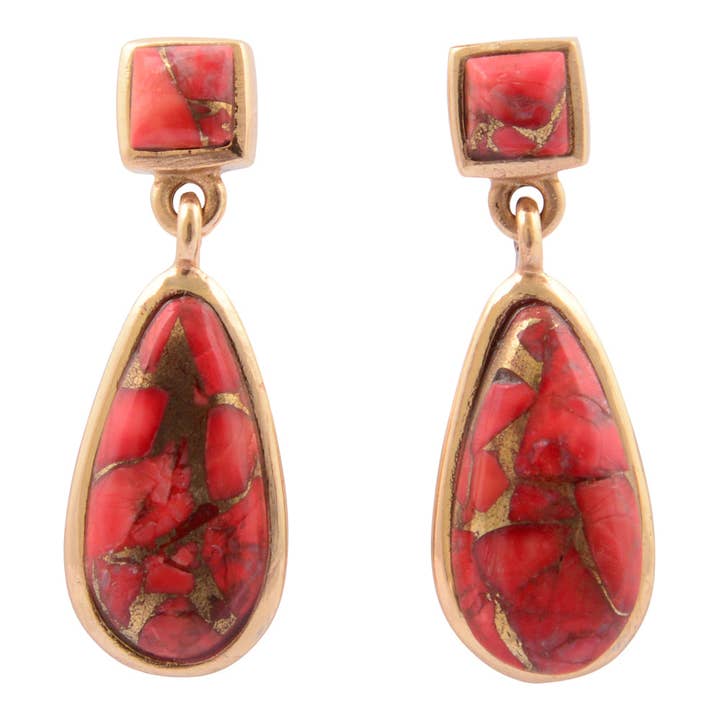 Brincos de Gota Dourada com Pendente de Magnesite Infundido com Metal Vermelho Escarlate por atacado de Barse Jewelry