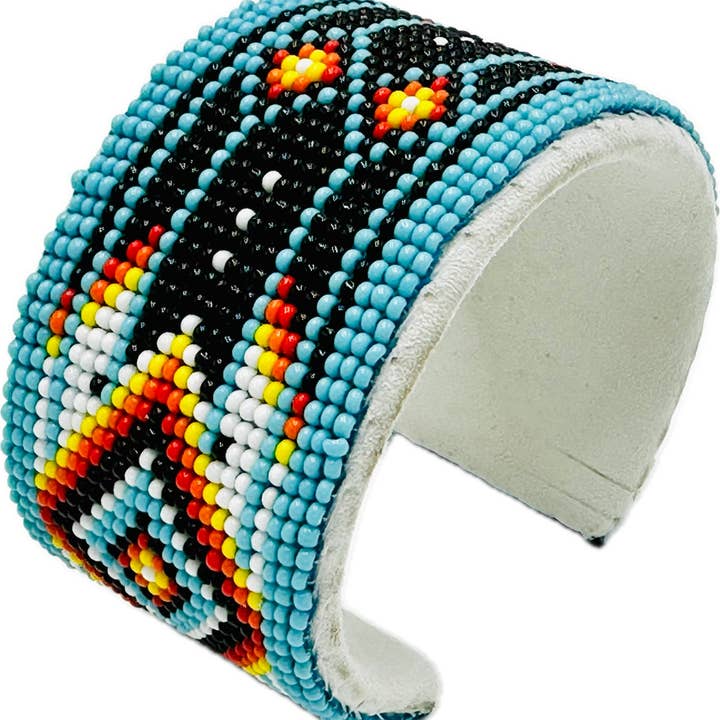 BEADS CORNER - Wholesale Bangle Bracelet - Handmade Beaded Cyan Blue Diamond Pattern Hard Cuff bracelet