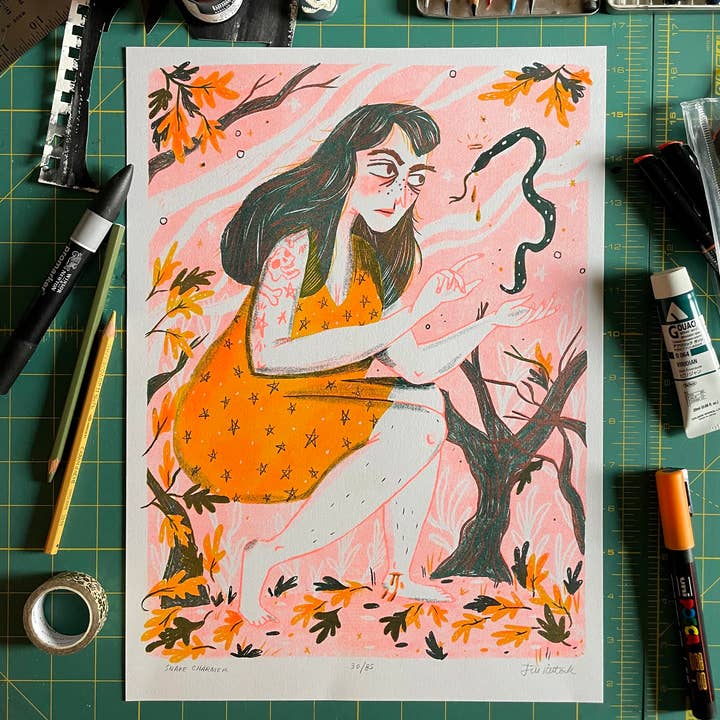 Snake Charmer Riso Print for wholesale by Jill Kittock Art & Illustration