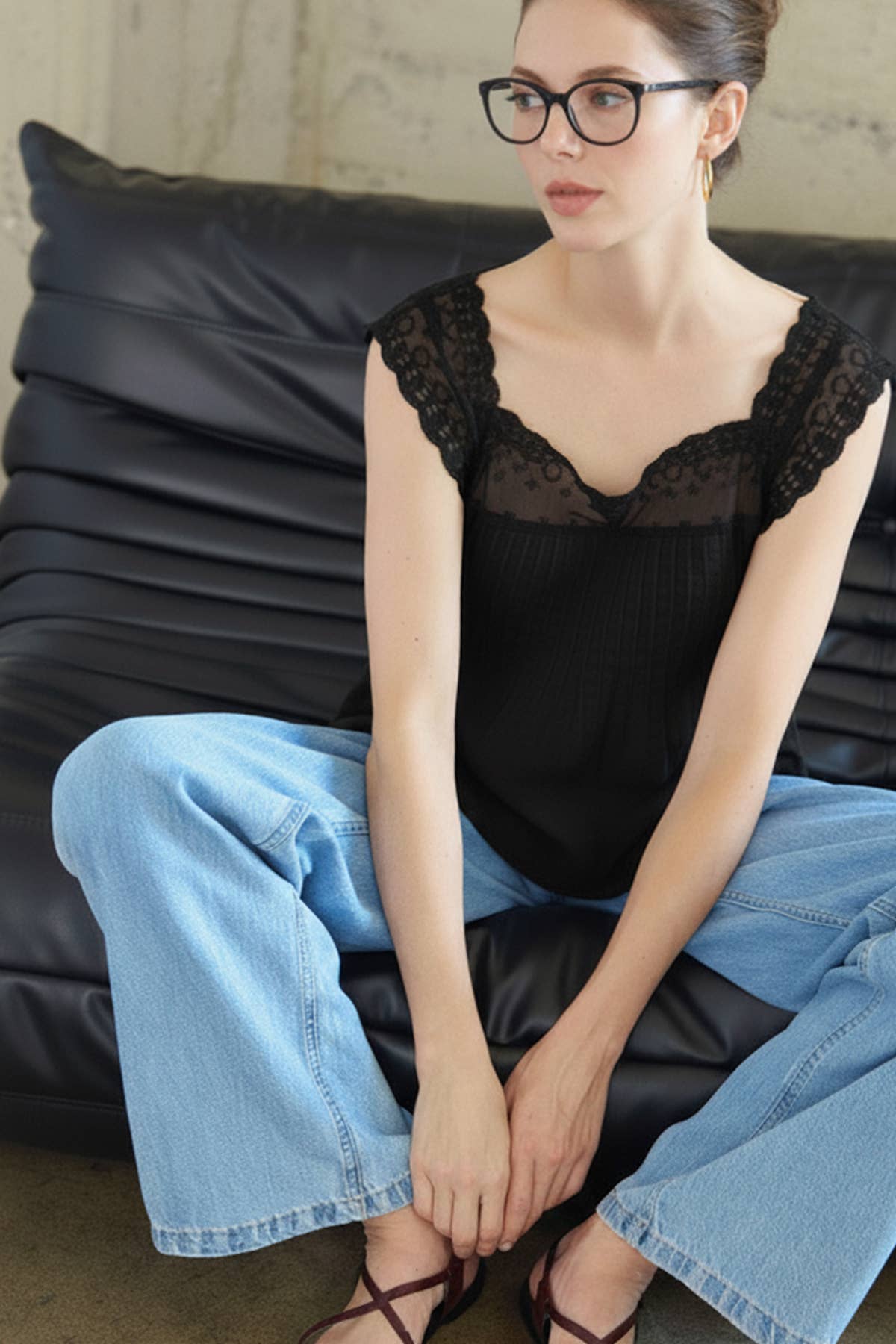 Daisy Embroidered Lace Self-Tie Sides Cotton Top for wholesale on Faire7