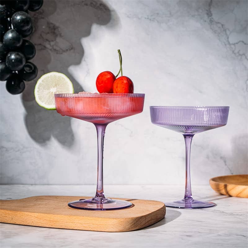 The Wine Savant /  Khen Glassware – wholesale Cocktail/liquor glass – Set of 2 Ripple Ribbed Cocktail Coupe Colored Glasses | 8oz3