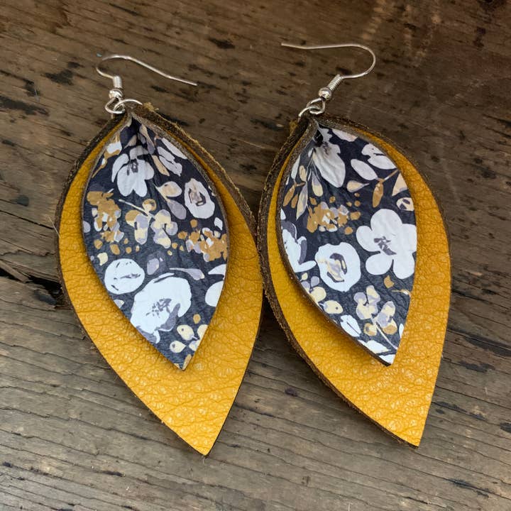 Jill's Jewels – wholesale Dangle earrings – Mustard and Blue Poppy Double Layered Leather Earrings