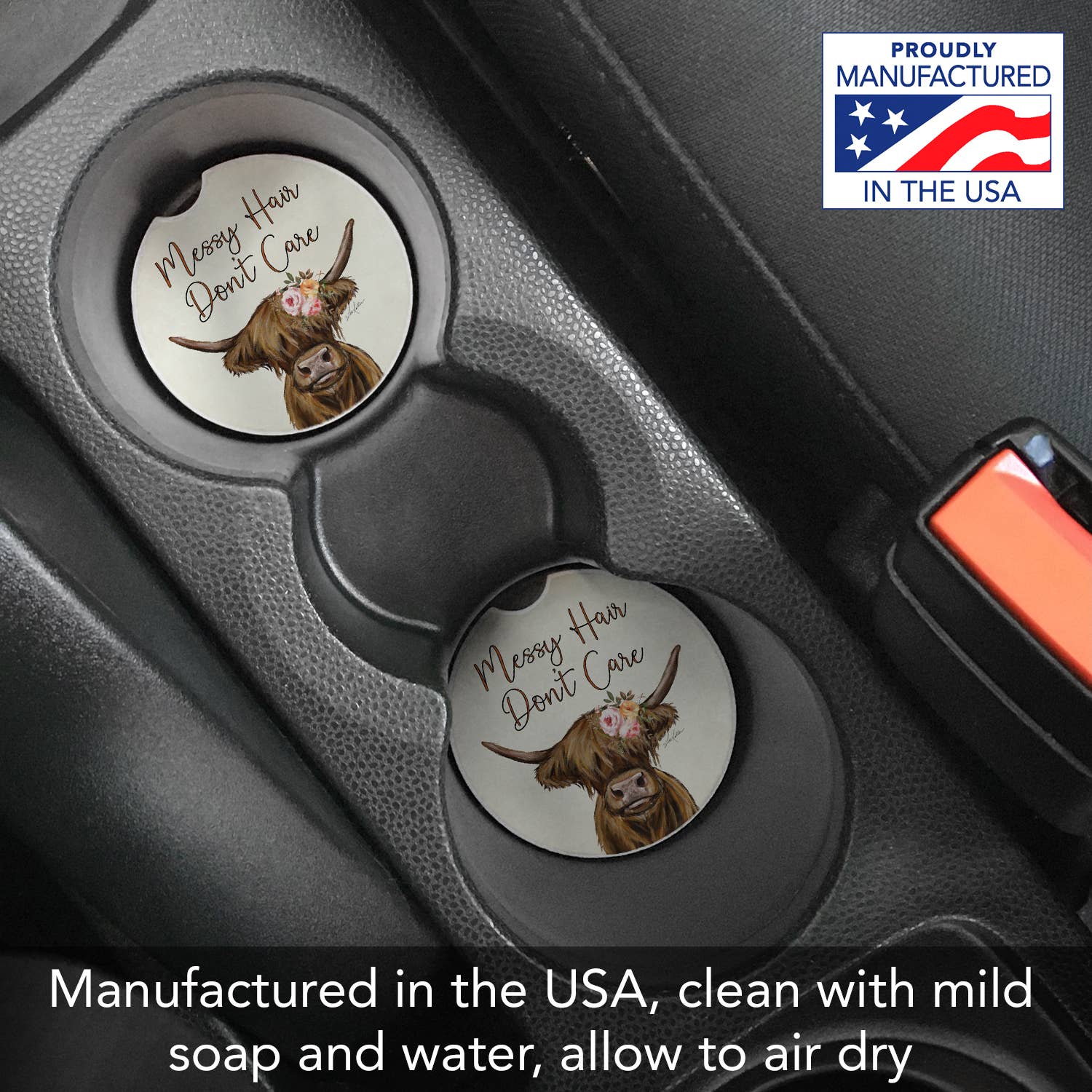 CounterArt/Highland Home/Thirstystone - Wholesale Car Coaster - Women's - "Messy Hair Cow" Absorbent Stone Car Coaster 1pk6