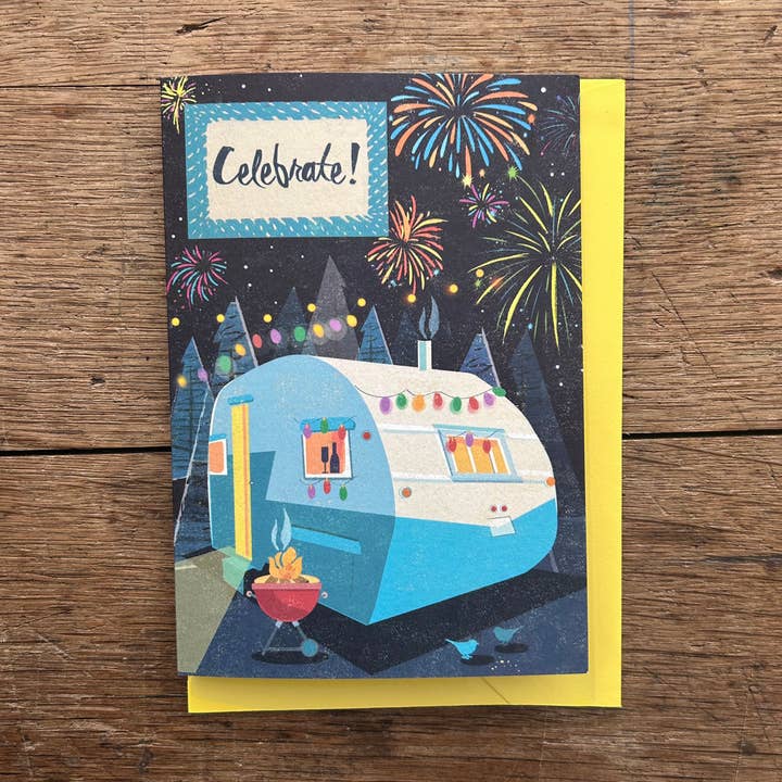 Celebrate/Welldone! Retro Caravan Card with Fireworks Card for wholesale by Rocket 68