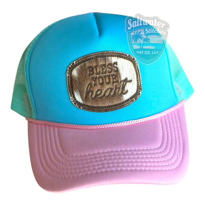 Cowhide Trucker Hat Bless Your Heart for wholesale by Saltwater Stitches Hat Co LLC
