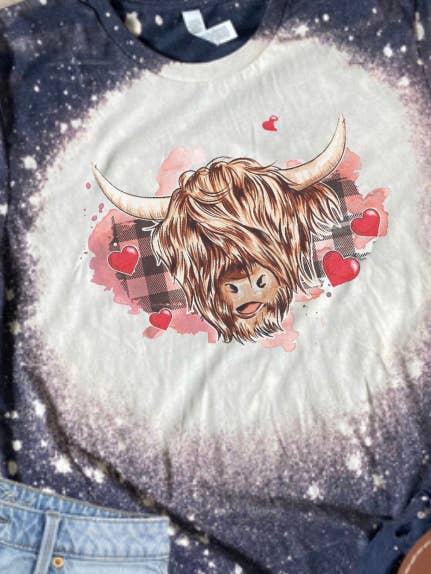 Love Highland Cow Bleached Tee for wholesale by MM Custom Apparel
