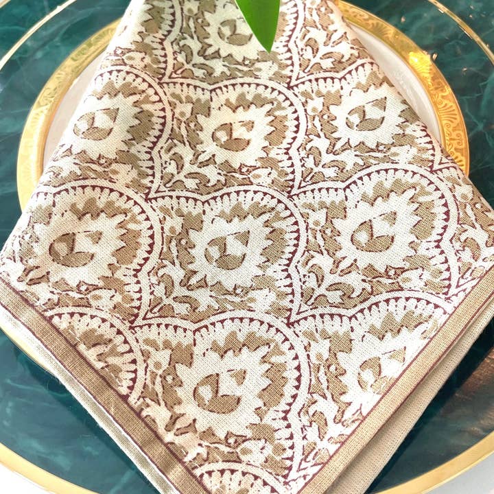 Hand-printed table napkins- Set of 6- Agra Beige for wholesale by Wildflower Blue