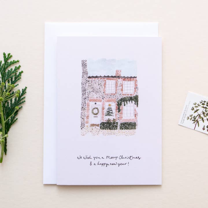 'Norfolk Flint Cottage' Christmas Card for wholesale by The Hidden Pearl Studio
