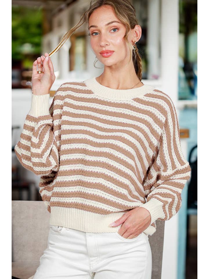 Vine & Love - Wholesale Knit Sweater - Women's - Crew Neck Long Balloon Sleeve Striped Crochet SweaterVT81666