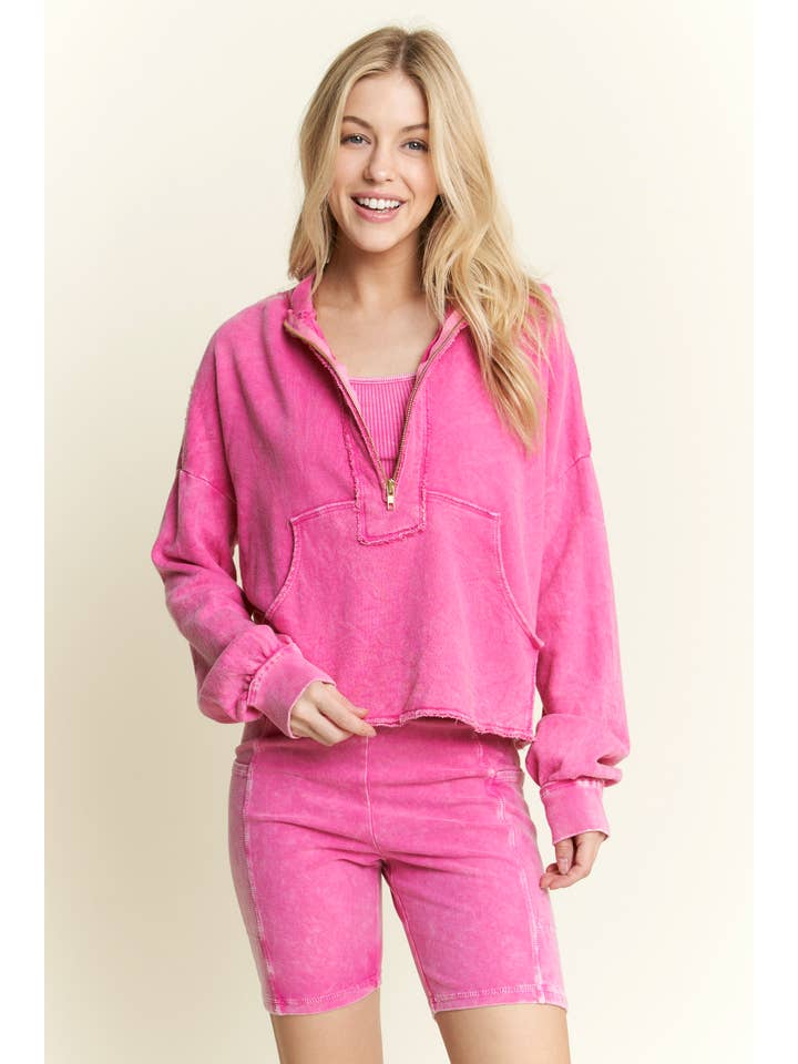 J.Her - Venta al por mayor Sudadera - Mujer - Top con bolsillo tipo canguro con media cremallera Mineral Wash HT5546