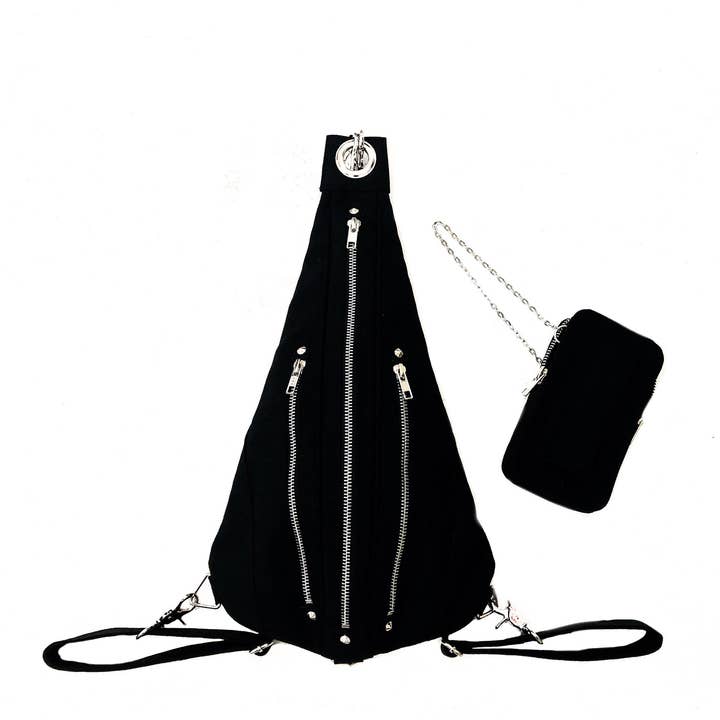 Mochila Tri Zipper Convertible en Riñonera de Lona Negra con Herrajes Plateados para venta al por mayor de JUNGLE TRIBE