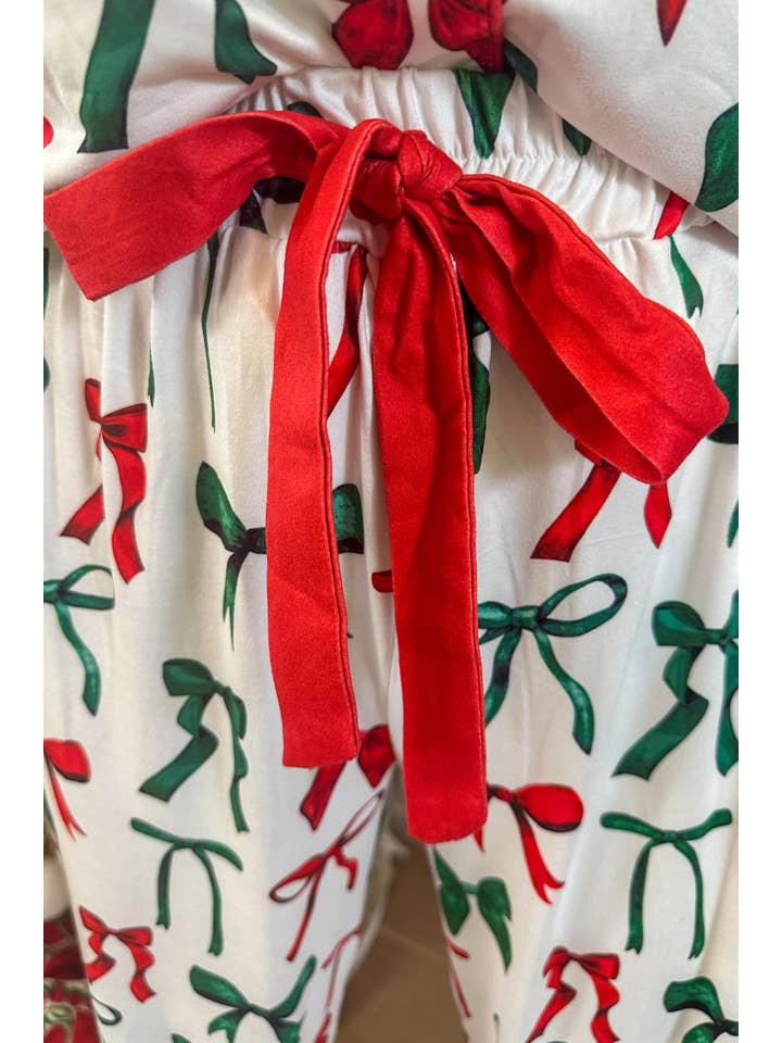 White Midnight Bow Christmas Edition Ruffle Pajama Set for wholesale on Faire3
