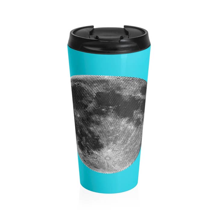 Halftone Moon Stainless Steel Travel Mug for wholesale by Sharptooth Snail