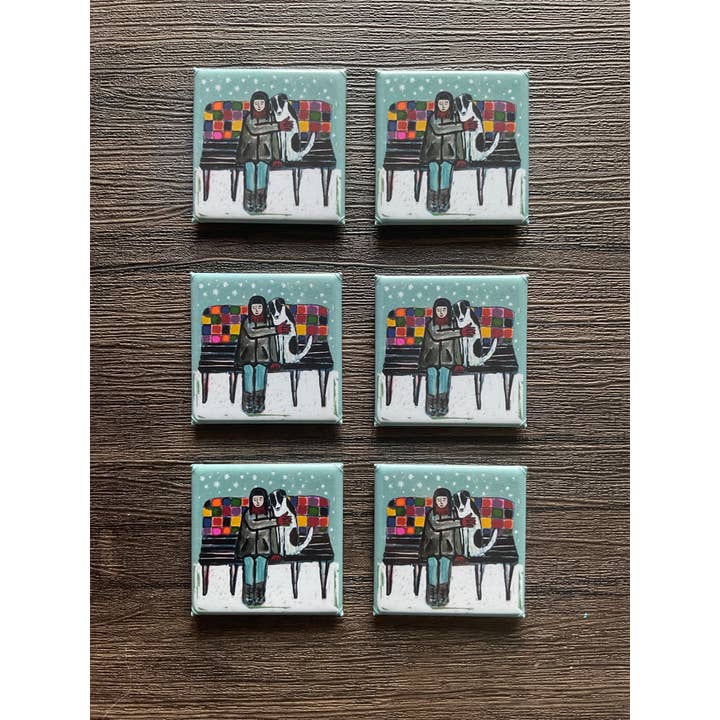 Mini Magnets -Girl Dog Bench for wholesale by Blueberry Road Cards