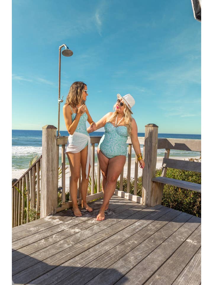 Green Jungle Oasis One Piece Swimsuit with Handcrafted Beaded Necktie for wholesale on Faire4