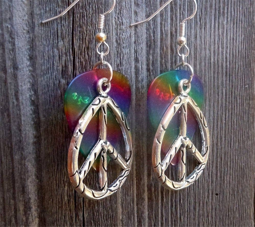 Simply Raevyn - Wholesale Dangle Earrings - Large Oval Peace Sign Charm Guitar Pick Earrings13